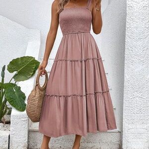 Blush Pink Summer Shirred Cami Midi Maxi Tank Dress Ruffle Skirt (Medium)